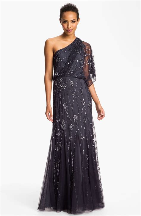 adrianna papell one shoulder beaded gown